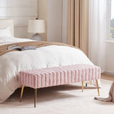 Modern Faux Fur Ottoman Bench, Stitched Upholstered Bedroom Benches with Gold Legs