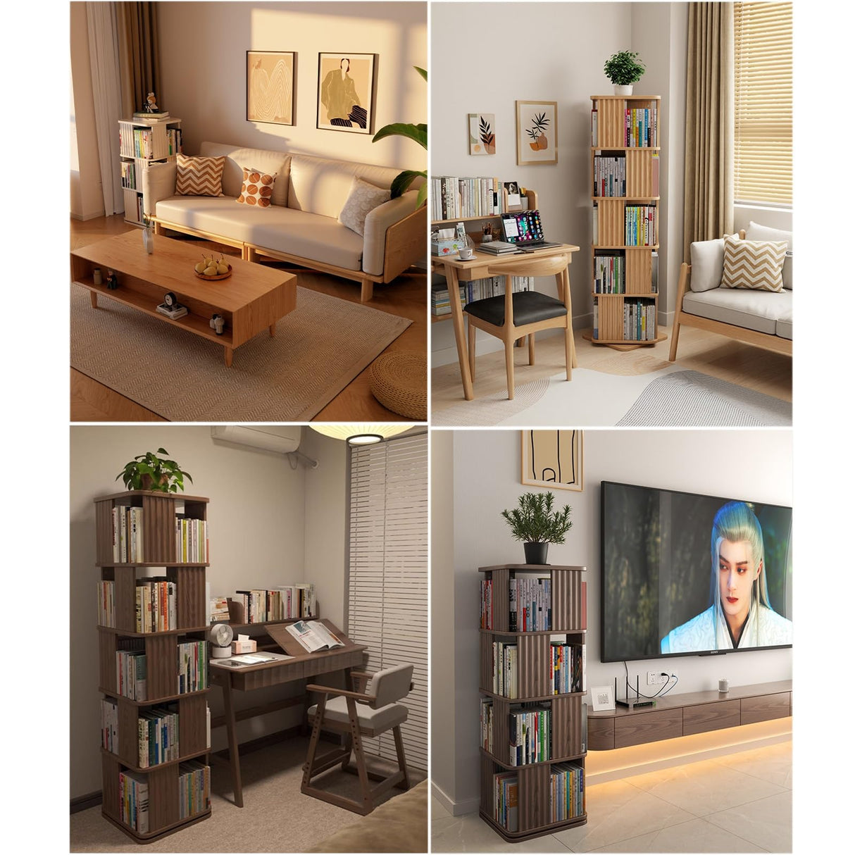 Wooden Revolving Bookcase for Kids & Adults,Floor Standing Display Shelf Storage Rack，3/4/5 Tier Corner Bookcase Rotating Bookshelf tower,360 Square Swivel Bookcase Rotating Bookshelf tower.(Walnut,4-
