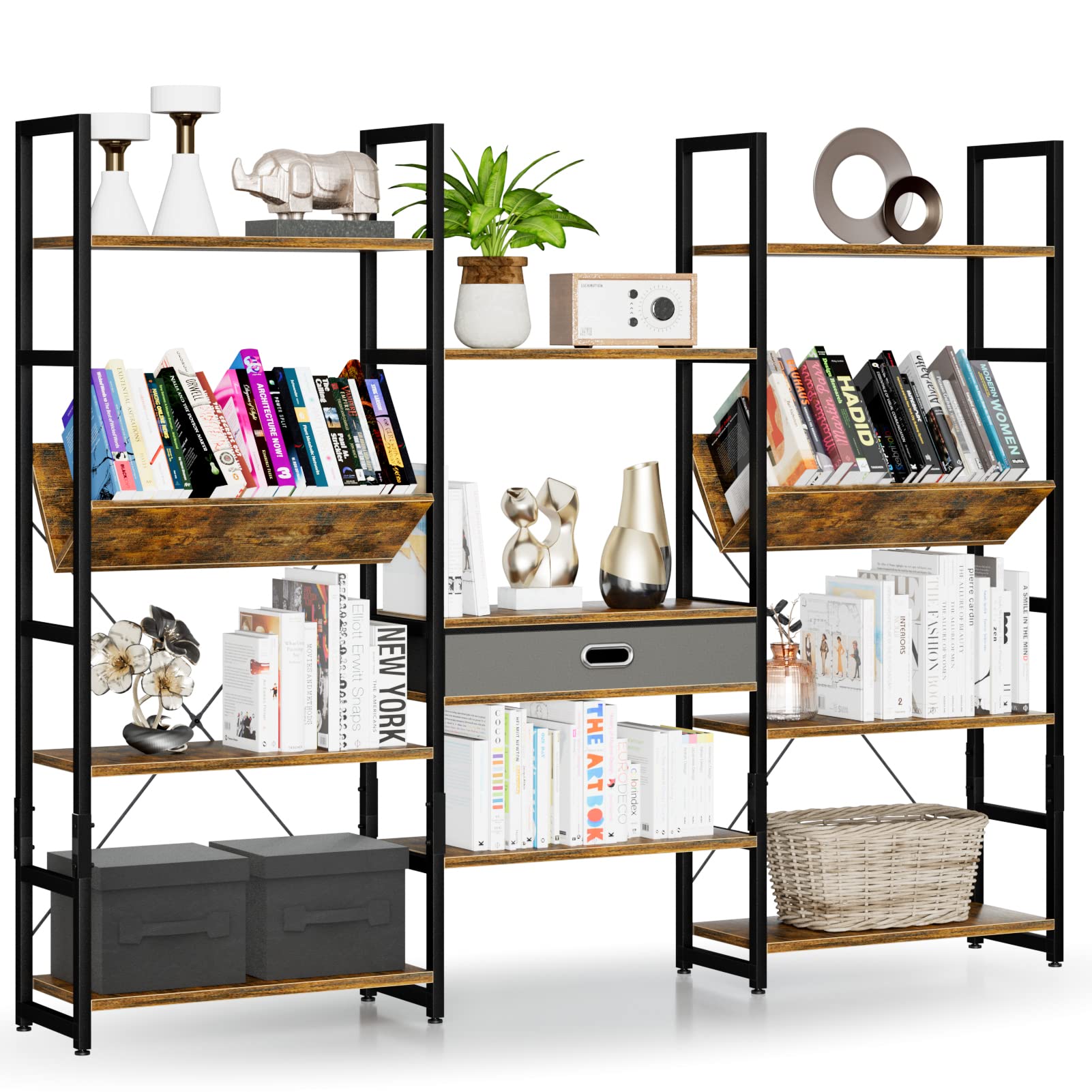 Triple Wide 4 Tier Bookcase, Adjustable Rustic Industrial Style Book Shelves, Modern Tall
