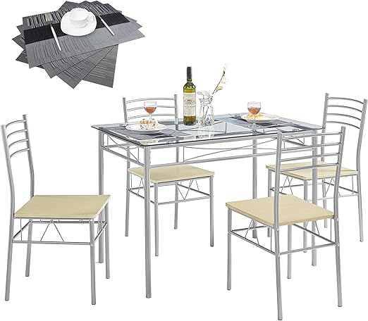 5 Piece Dining Table Set for 4 with Chairs, Glass Tabletop, Small Space, Silver