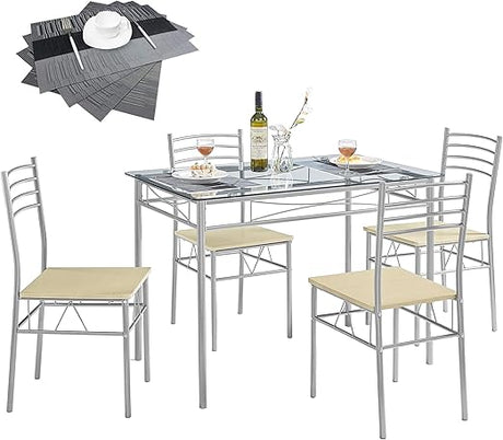 5 Piece Dining Table Set for 4 with Chairs, Glass Tabletop, Small Space, Silver