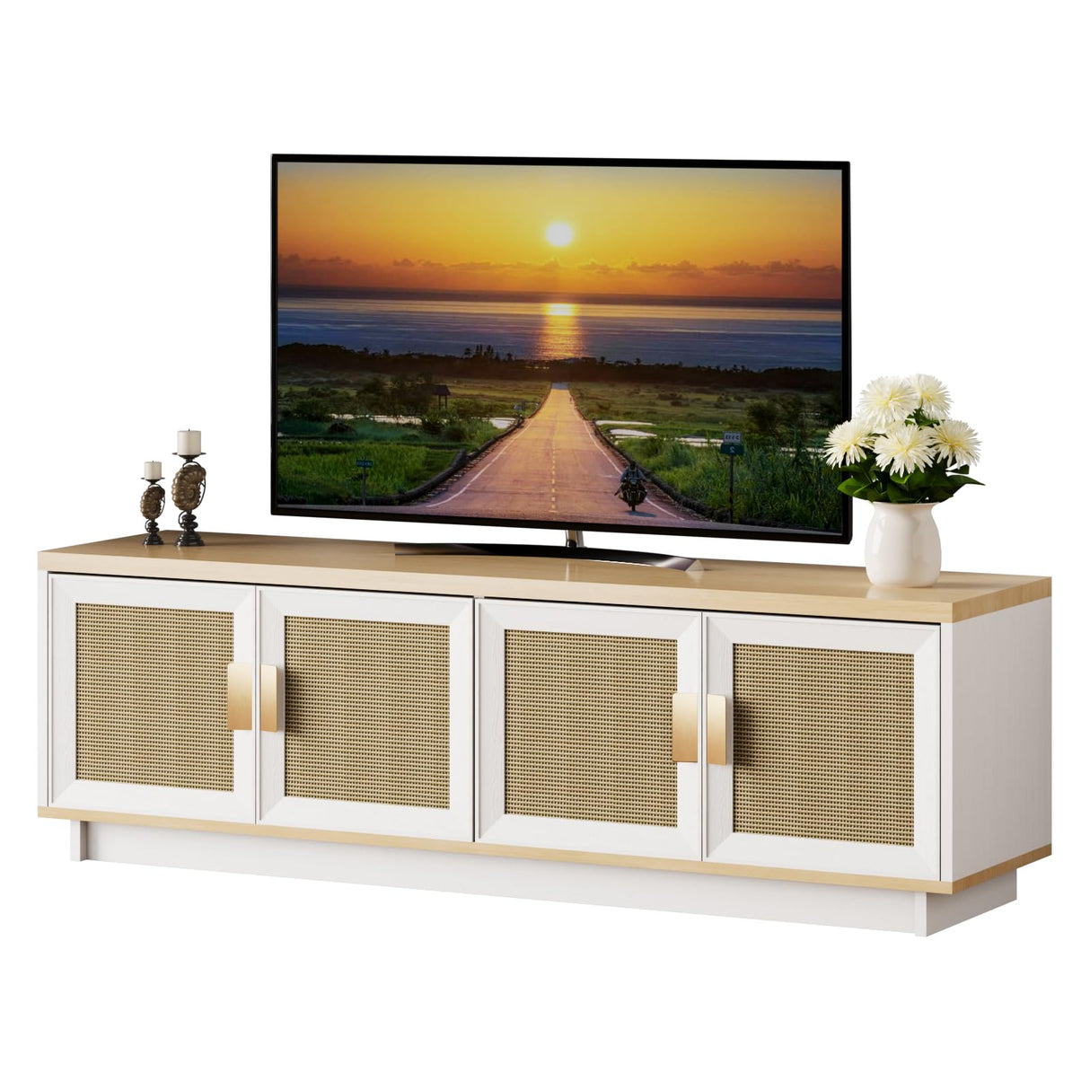 Mid-Century Modern TV Stand for 65-75 Inch TVs, Media Console with Slatted Doors,