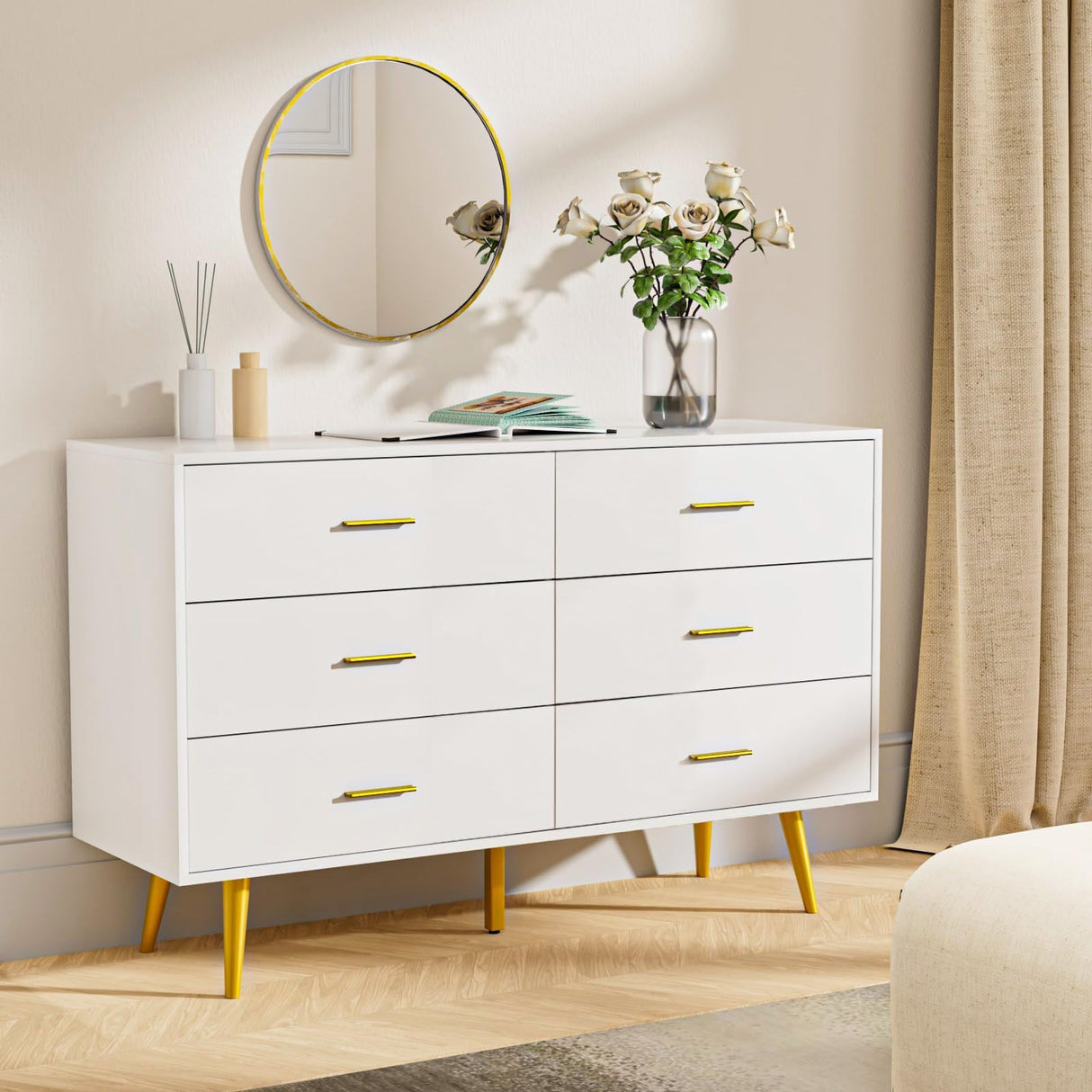 White Dresser for Bedroom, 6 Drawer Dresser with Wide Drawers and Gold Metal Handles