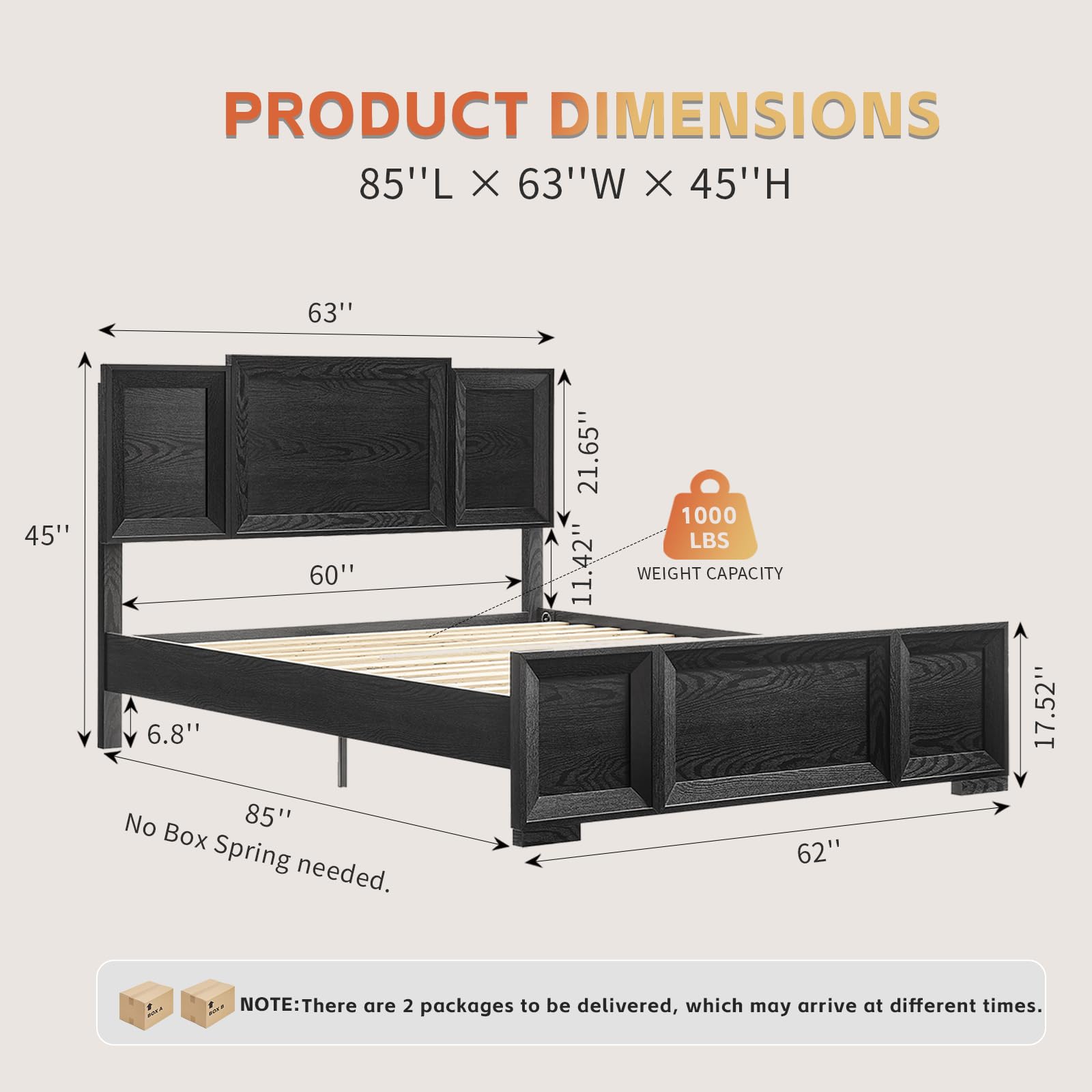 Queen Bed Frame with Wood Headboard and Footboard - Black