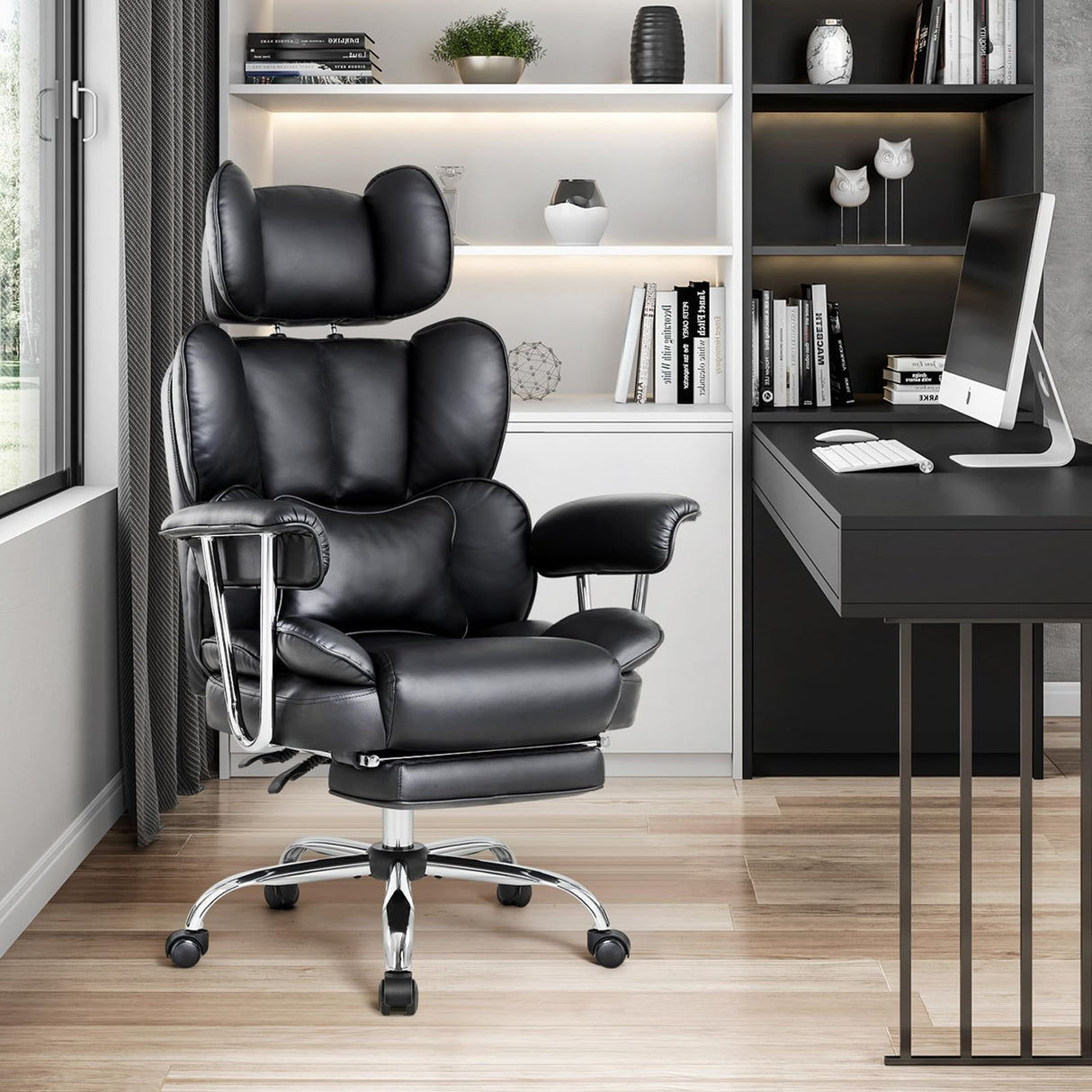 Tall Leather Office Chair 400LBS, Large High Back Reclining Office Chair with Footrest&Lumbar