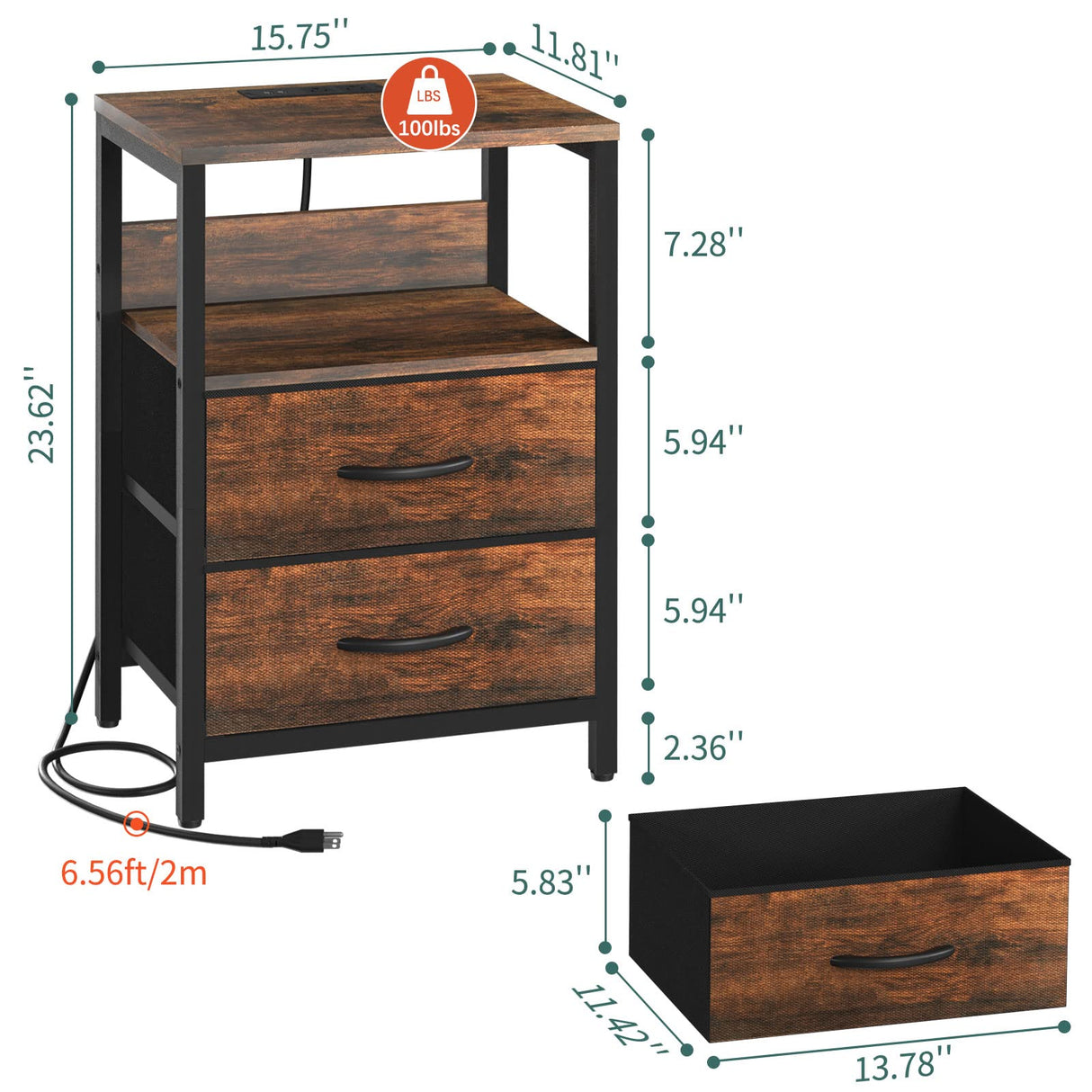 Nightstand with Charging Station, Small Night Stand with Fabric Drawers