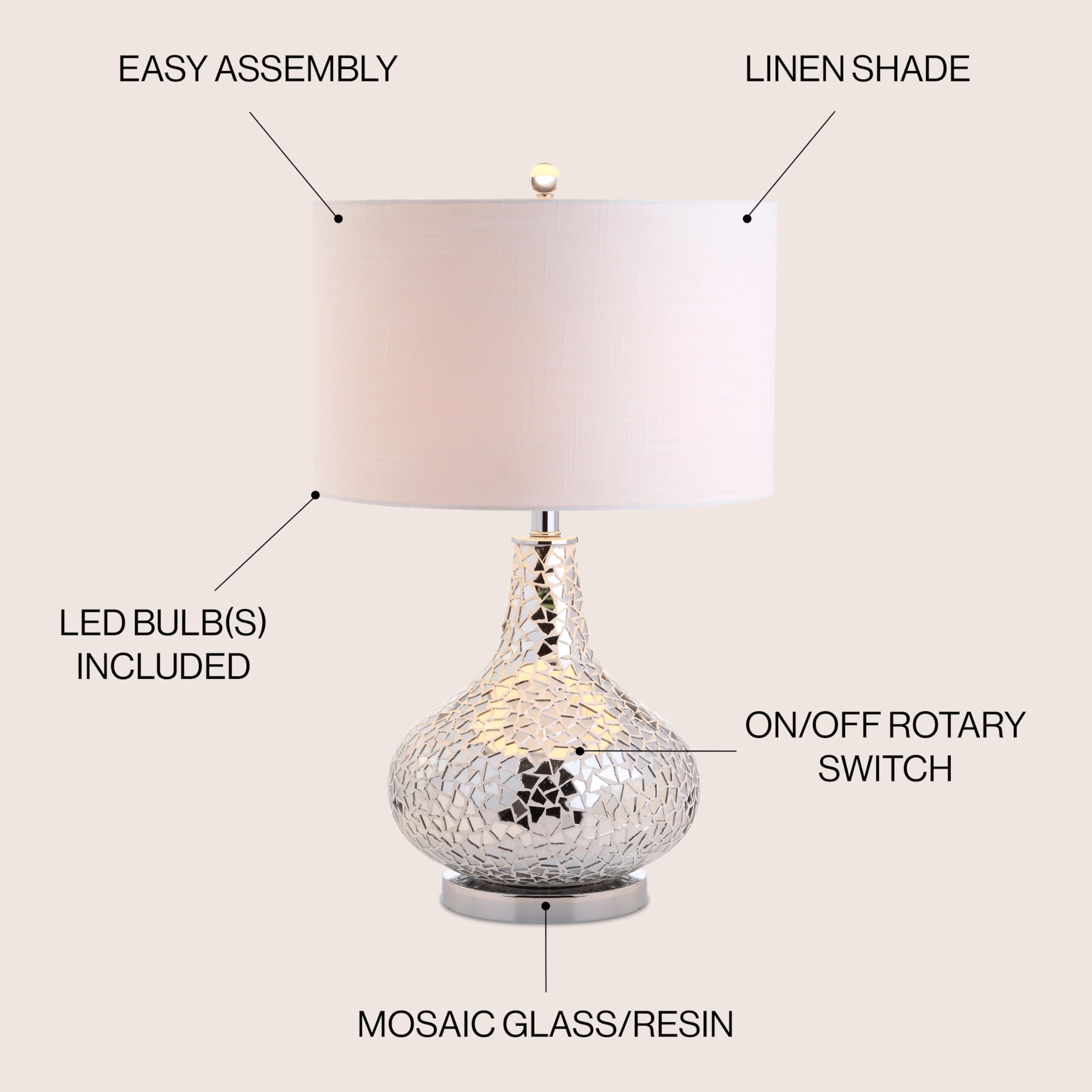 jYL1056A Emilia 26" Mirrored Mosaic LED Table Lamp Contemporary Glam Bedside Desk
