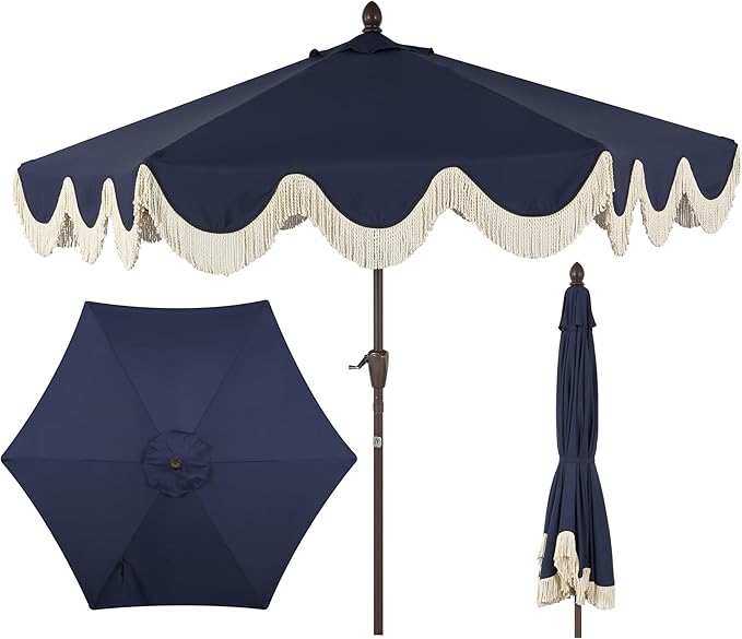 UMB1001G Collins 9 ft. Classic Cottage Tassel Market Patio Umbrella with Auto-Tilt