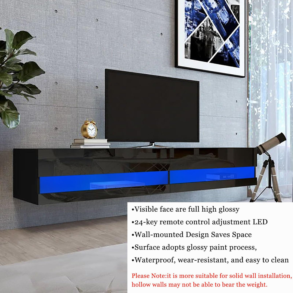 71in Floating TV Stand, High Gloss Entertainment Center for TVs Up to 80 inch