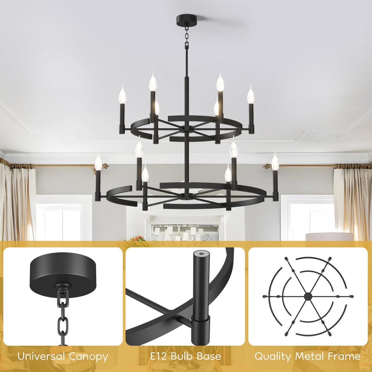 40 Inch Wagon Wheel Chandelier 12 Light, 2 Tier Large Chandeliers for High Ceilings,