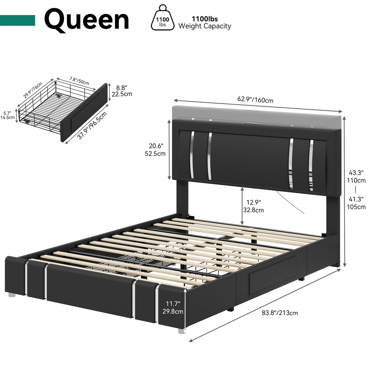 Queen Bed Frame with Adjustable Headboard, Upholstered Platform Bed with RGB LED