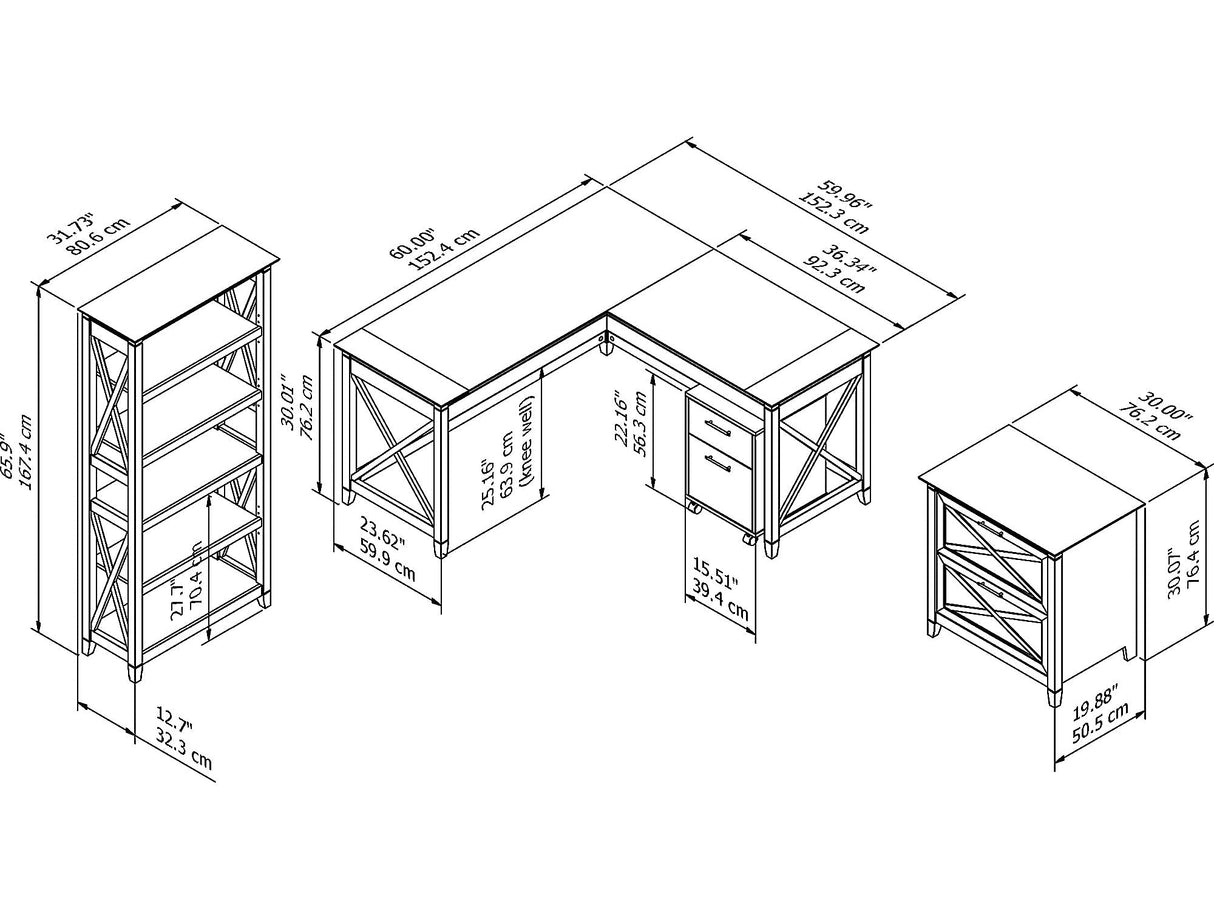 Key West 60W L Shaped Desk with File Cabinets and 5 Shelf Bookcase