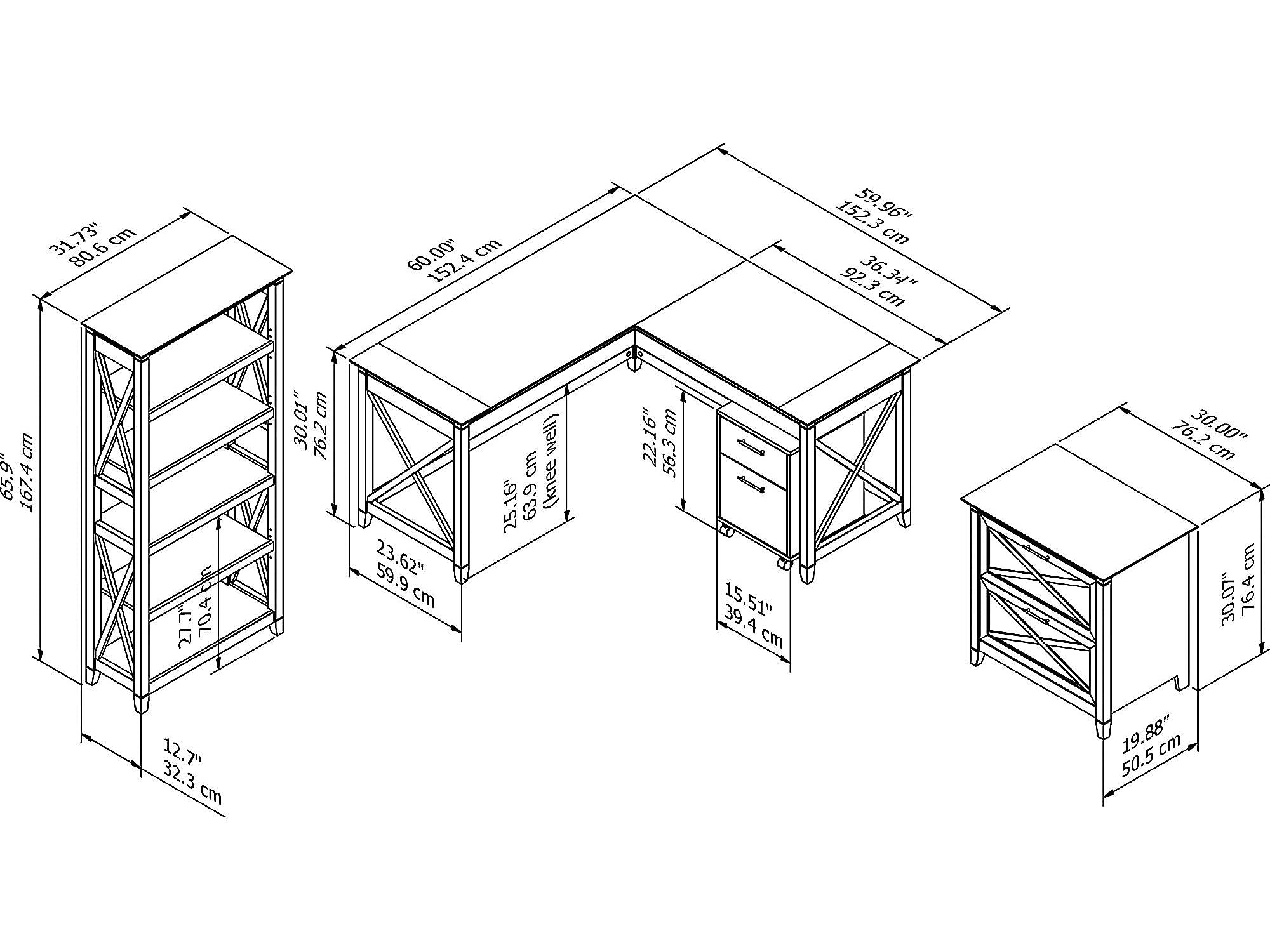 Key West 60W L-Shaped Desk | File Cabinets & 5-Shelf Bookcase