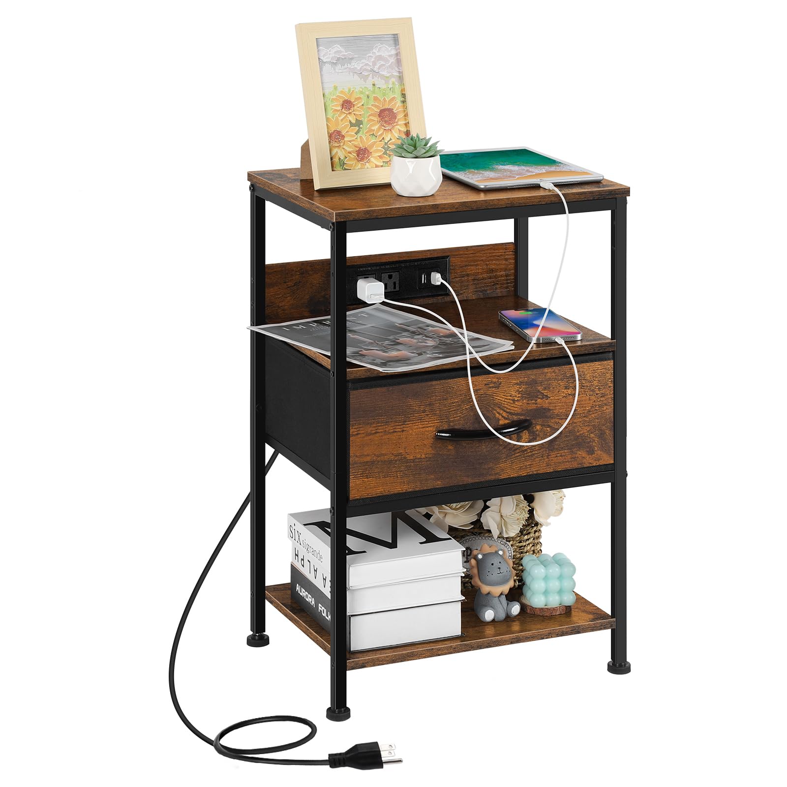 Nightstand with Charging Station Bed Side Table
