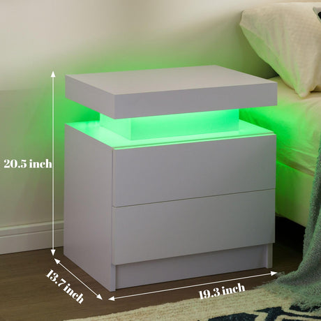 White Nightstand LED Bedside Table for Bedroom Modern Night Stand with 2 Wood Drawers