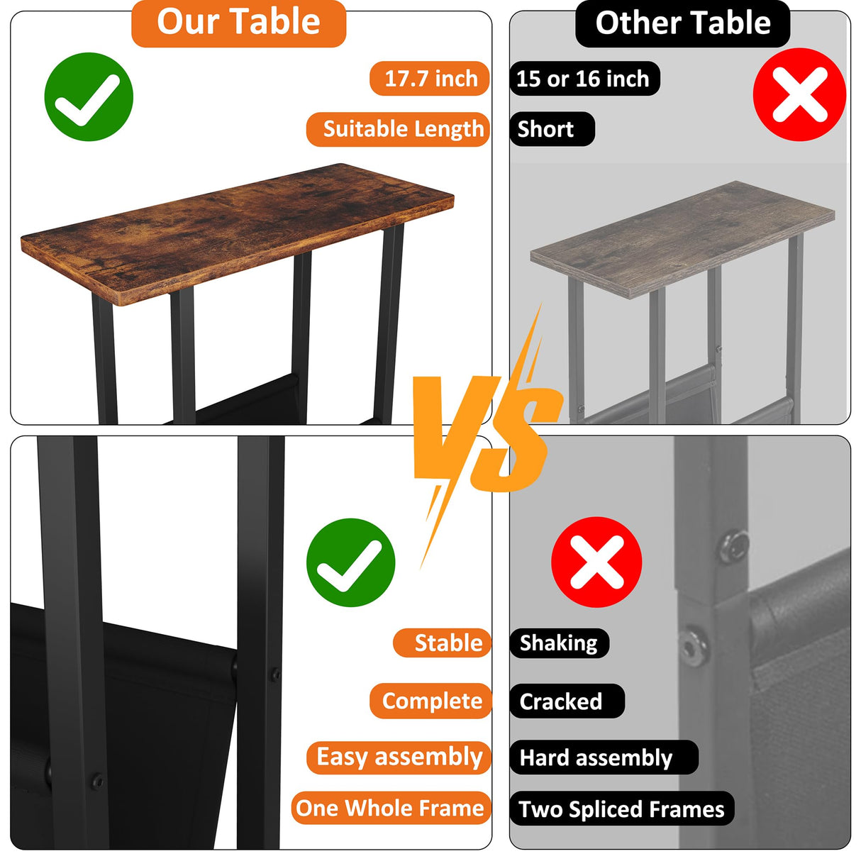 Small Narrow Side Table for Small Spaces, 17.7" W Slim End Table Magazine Table