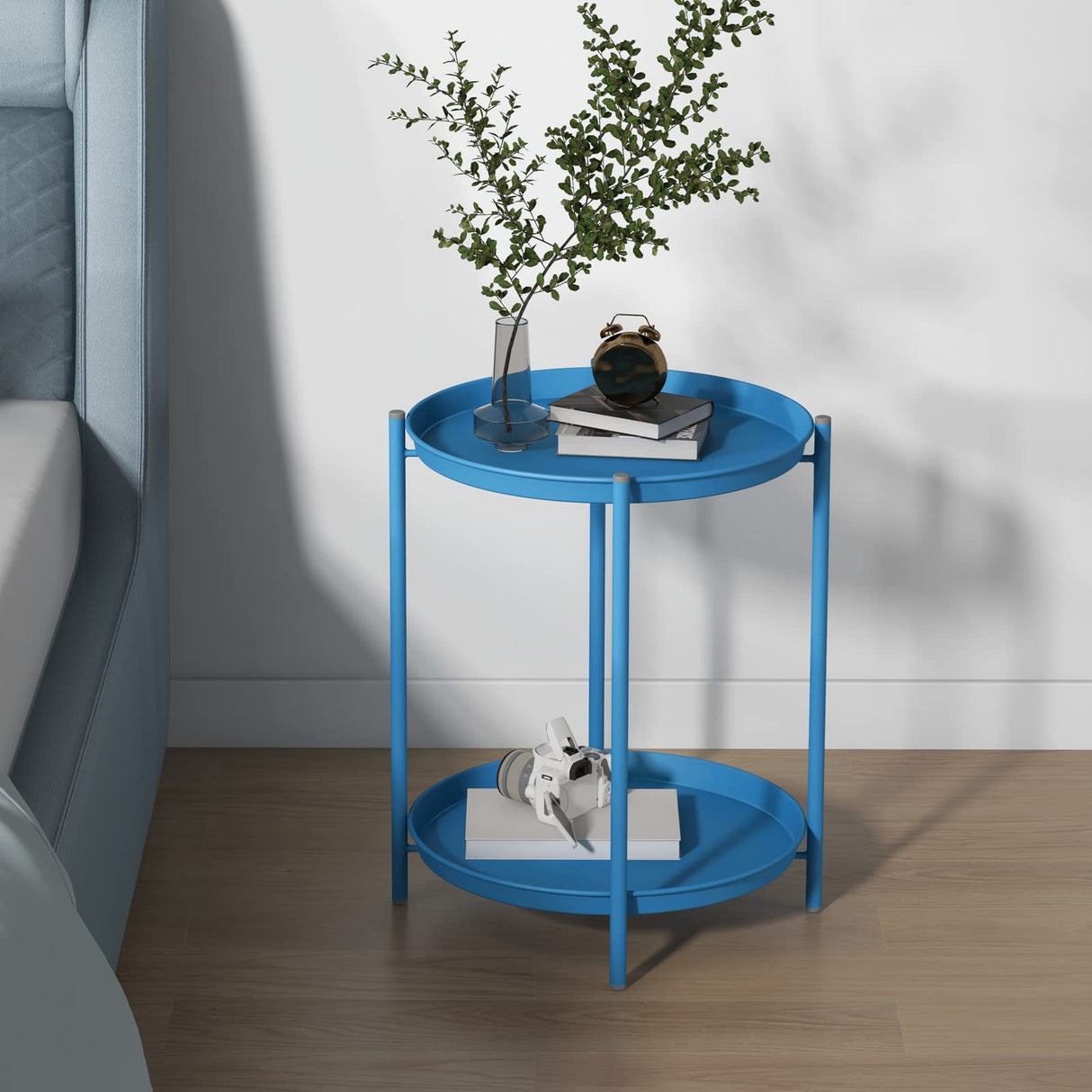 End Table, Round Metal Side Table with Removable Tray, Small Storage Side Table Outdoor