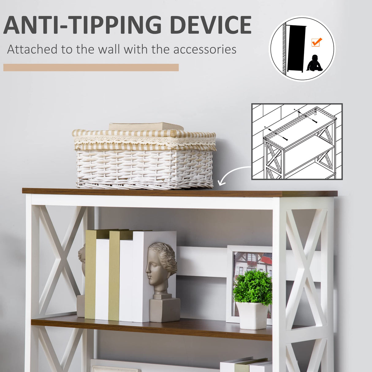 4-Tier Shelving Bookcase Storage Cupboard with Pull Out Drawer, and Wooden Frame with X Bar Stability, White