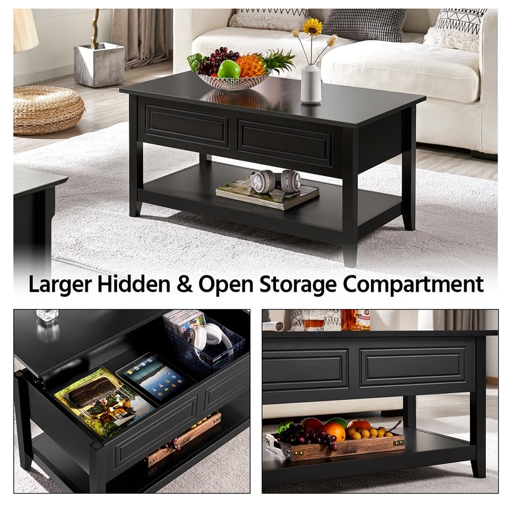 Lift Top Coffee Table with Hidden Compartment and Open Storage Shelf