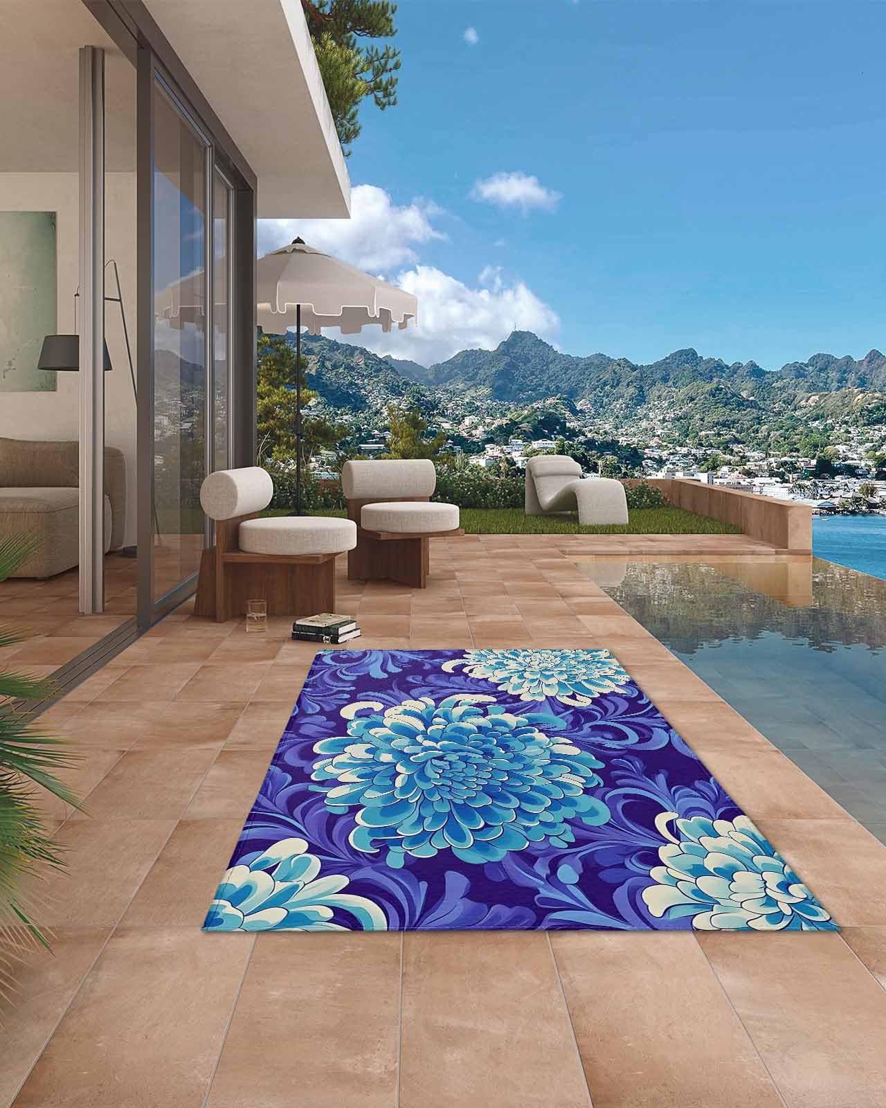 Outdoor Rug 5x8 ft Blue Flowers Outdoor Large Area Rug Non Slip Rubber Purple Painting