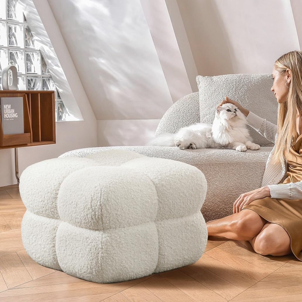 Couch Sherpa Pouf Chair 23.6" W Floor Pouf, White Fuzzy Square Ottoman