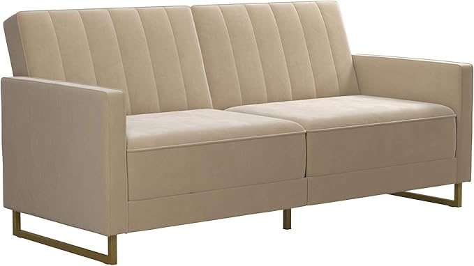 Skylar 77 Inch Futon Sofa Bed in Velvet Fabric, Industrial Modern Upholstered Couch Sleeper