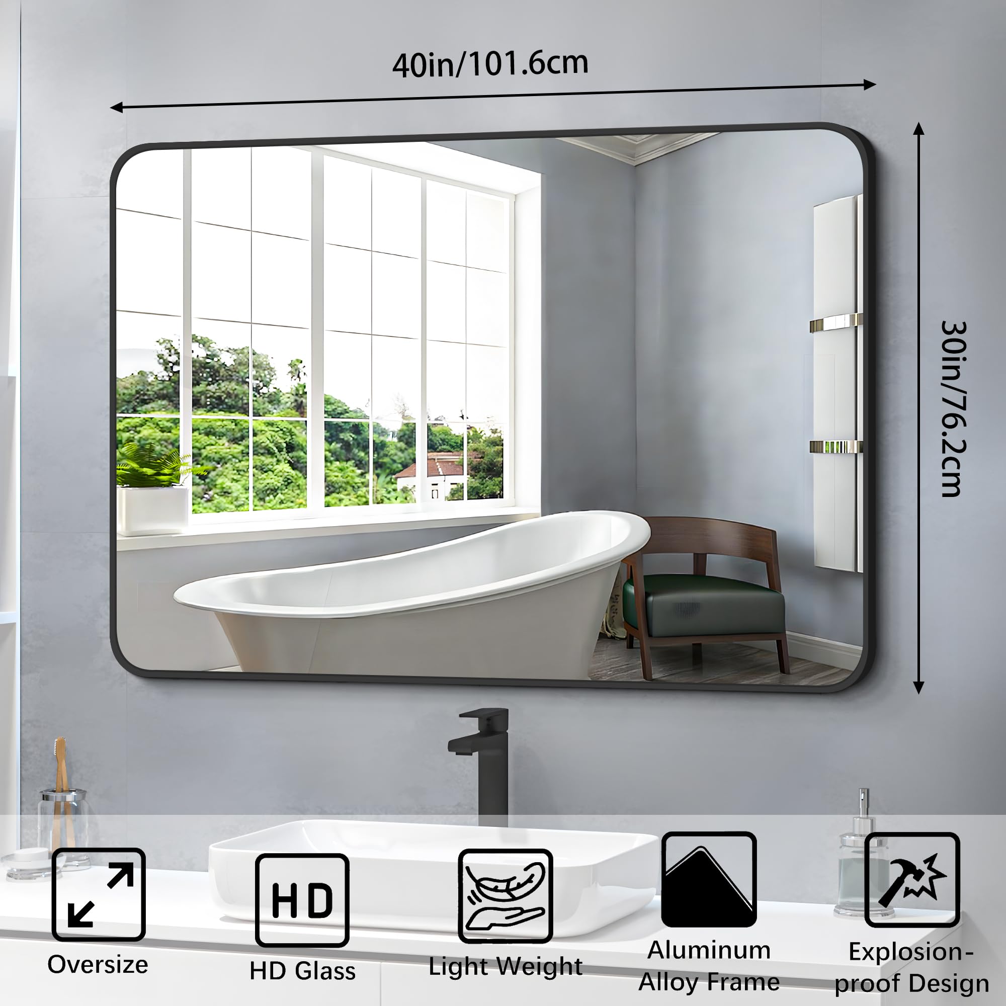 30x40 Black Metal Frame Bathroom Mirror - Large Rectangular Wall Mount