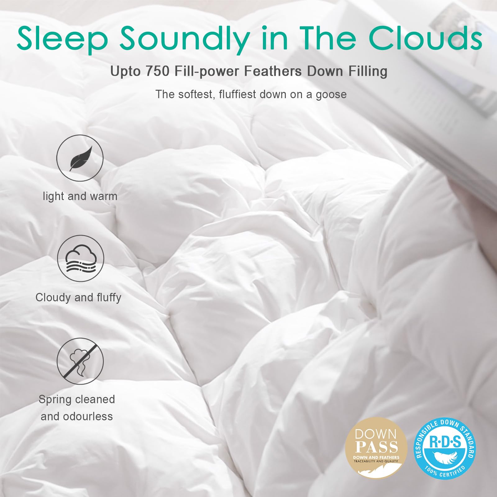 APSMILE Down Comforter Queen Size Pinch Pleat Design - 750 Fill-Power Luxurious Fluffy Duvet Insert - All-Season Medium Warmth Bed Feather Down Comforter with 8 Tabs(90"x90", Solid White)