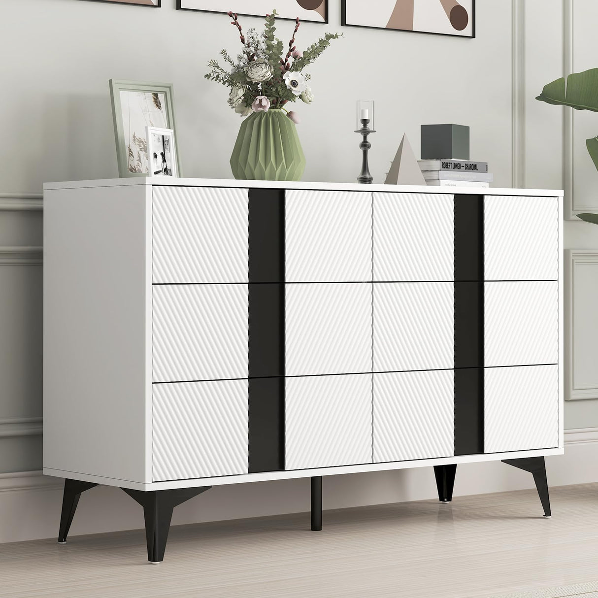 White 6 Drawer Dresser for Bedroom, Modern Double Chest Dresser with Black Metal Legs Featuring Distinctive Twill and Hidden Pulls, Storage Dresser for Living Room, Hallway, Entryway