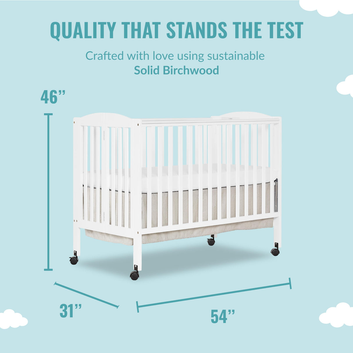 Full Size 2-in-1 Folding Stationary Side Crib In White, Locking Wheels, Folds Flat For Storage,