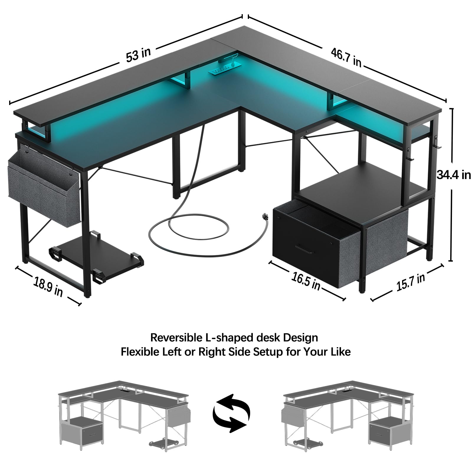 L Shaped Desk with Power Outlet and LED Strip, Reversible L Shaped Computer Desk