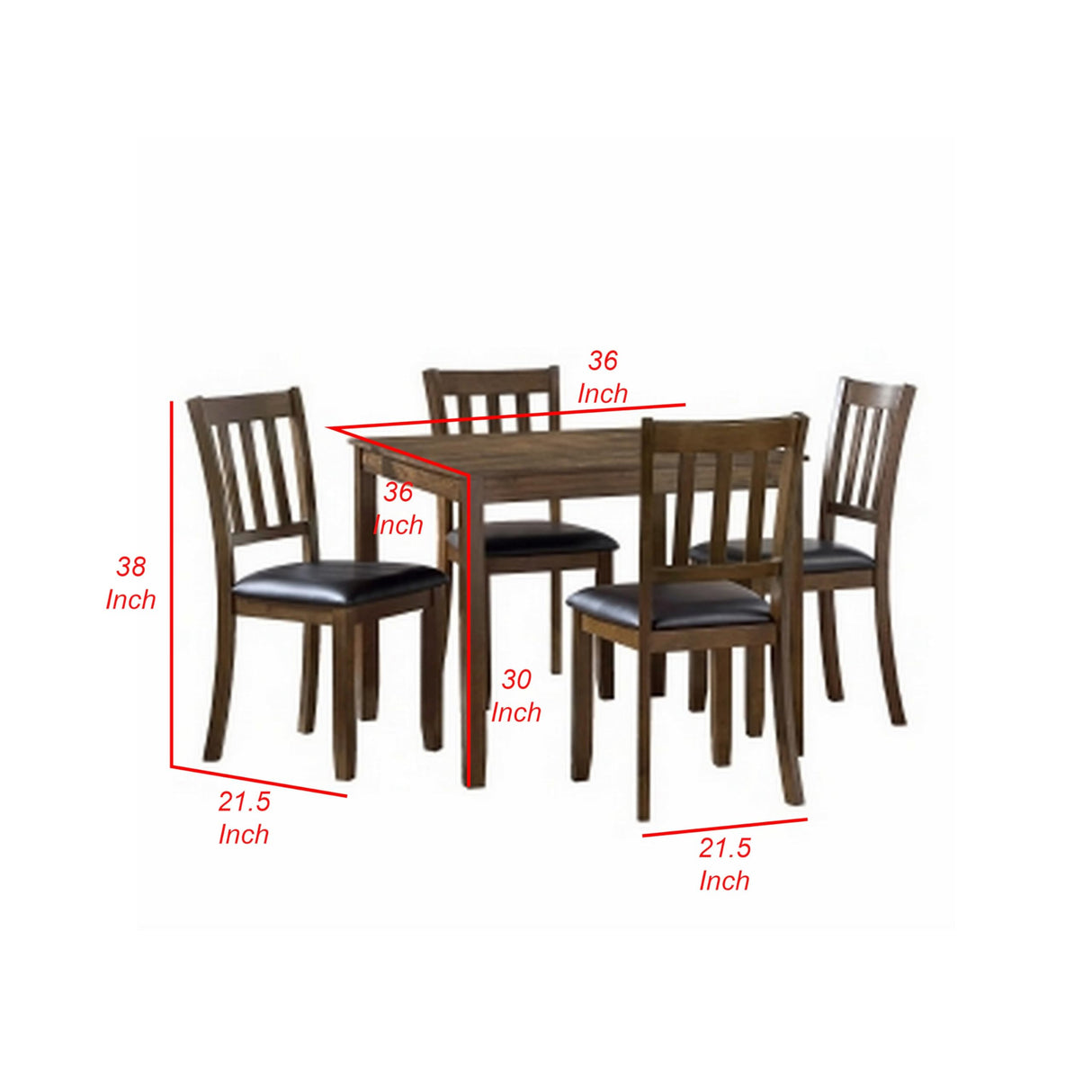 5pc Dining Set, Square Table, 4 Chairs, Faux Leather, Brown Wood