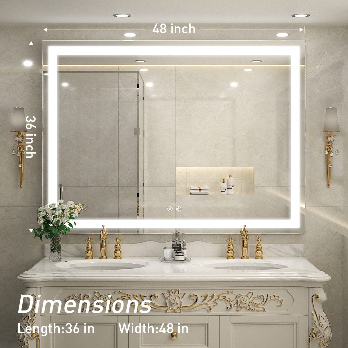 48x36 Inch LED Lighted Bathroom Mirror for Vanity, Anti-Fog Wall Mounted Mirror with