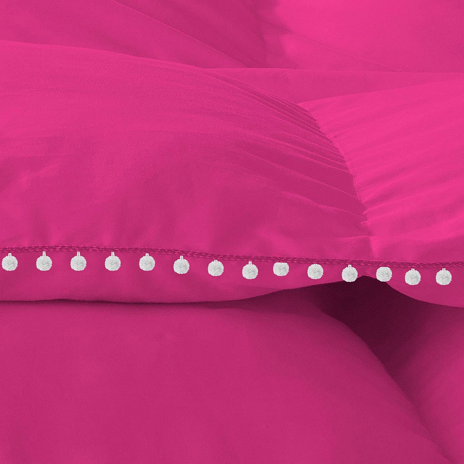 All Seasons 1 Piece Beautiful Looking Pom Pom Box Design Comforter 800 Thread Count 100% Egyptian Cotton, White Vintage Pom-Pom Fringe Super Soft (Oversized Super King Size Hot Pink Color)