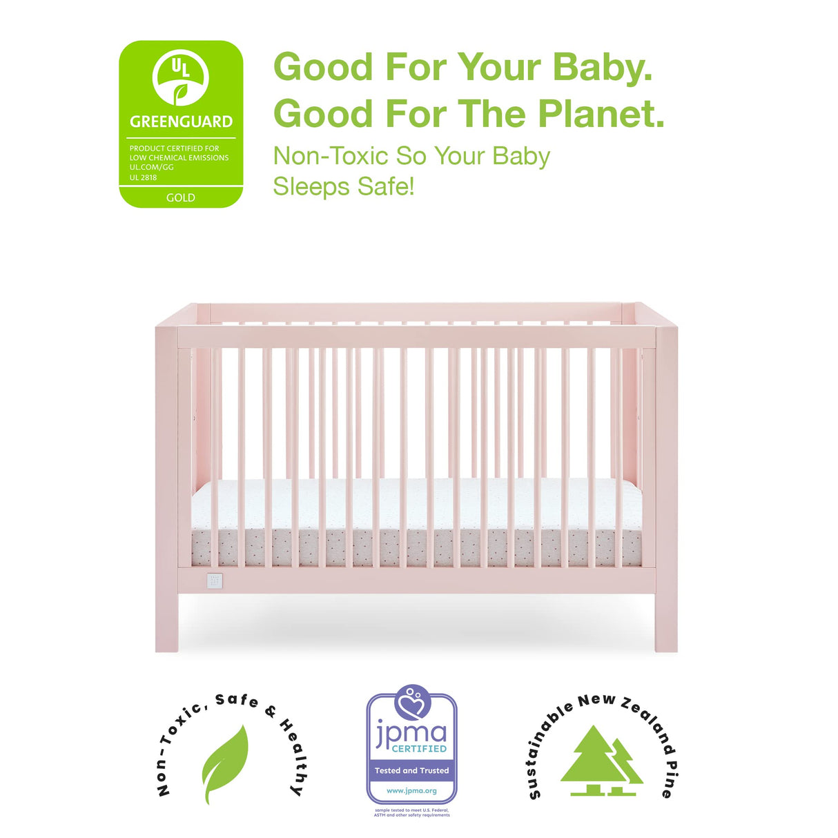 Charlie 6-in-1 Convertible Crib - Greenguard Gold Certified, Blush Pink