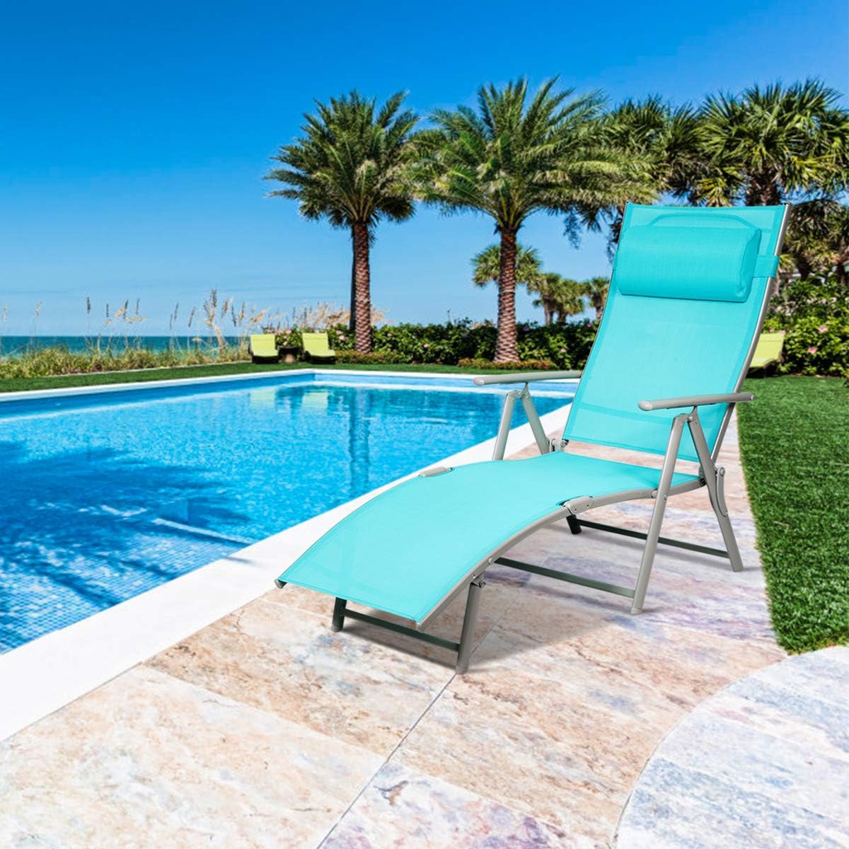 2 PCS Outdoor Folding Chaise Lounge Chair, Lightweight Recliner Chair w/ 7 Adjustable