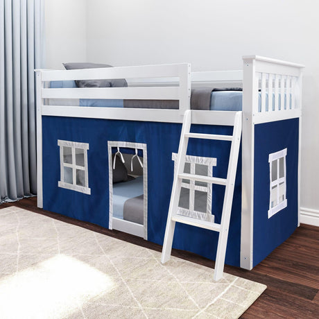 Low Bunk Bed, Twin-Over-Twin Bed Frame For Kids With Curtains For Bottom