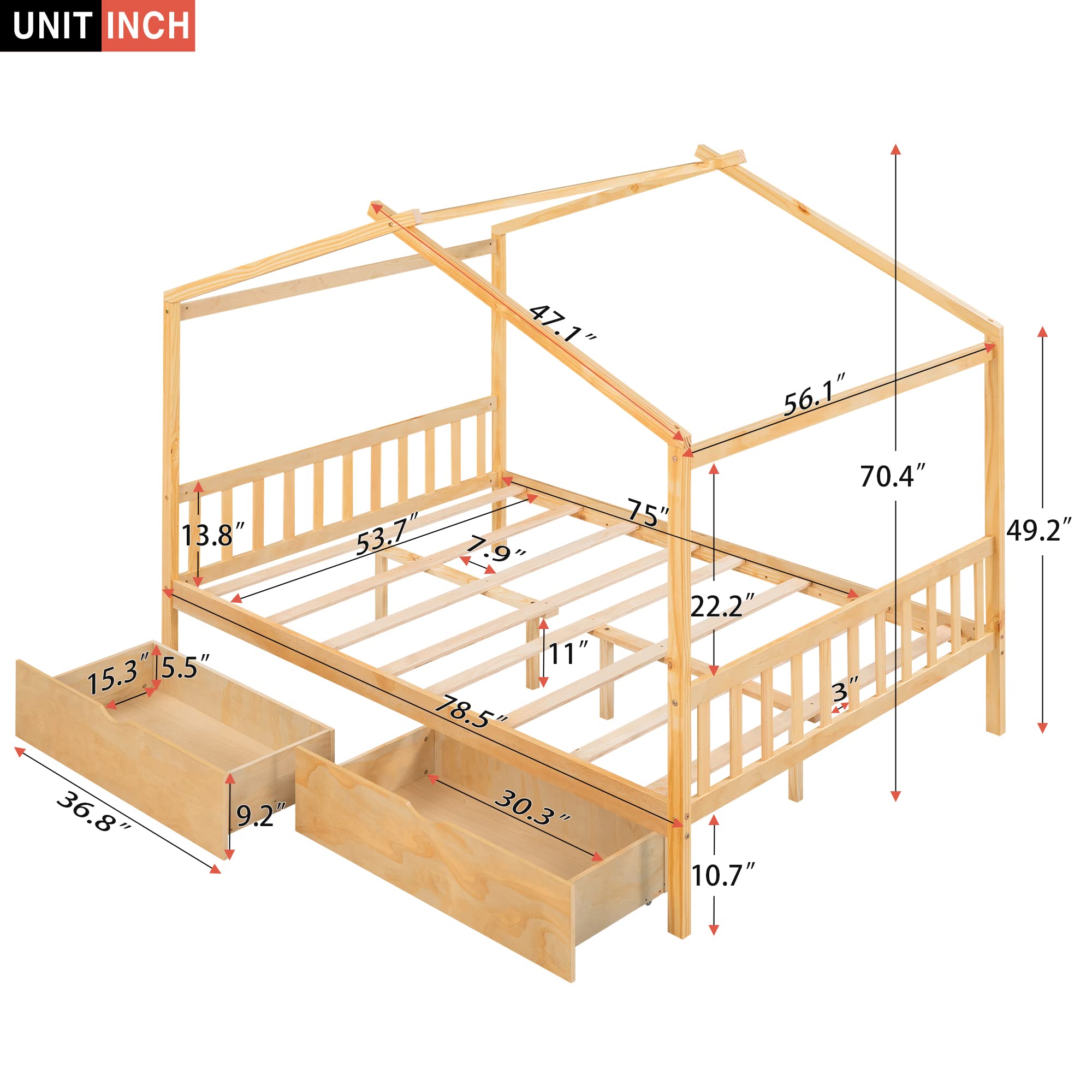 Full Size House Bed for Kids, Montessori Bed, Wood Full Platform Bed Frame