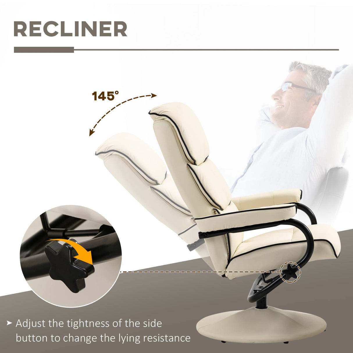 Recliner Chair with Ottoman, PU Leather Swivel High Back Armchair w/Footrest, 135°