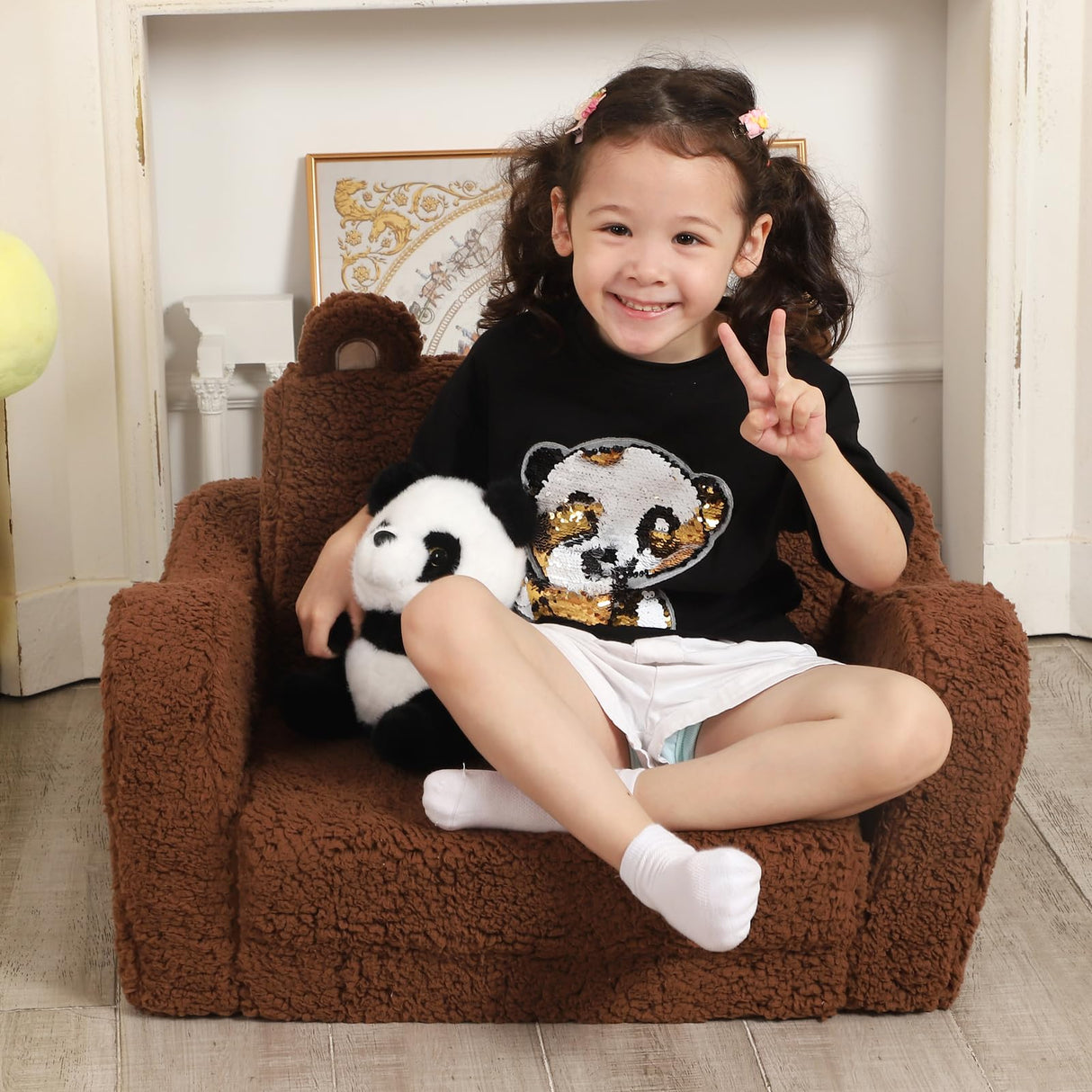 Kids Chairs for Toddler, 2-in-1 Toddler Soft Sherpa Couch Fold Out, Convertible Sofa to Lounger for Girls and Boys, Teddy Bear, Brown