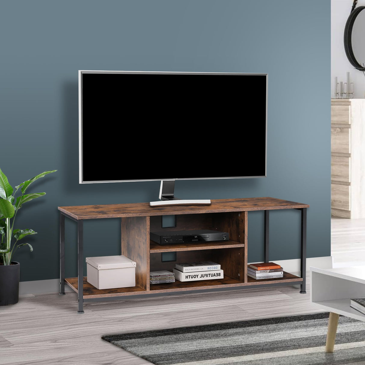 TV Stand for Up to 50 Inch TVs, Accent TV Cabinet with Open Shelf for Living Room, Media Center, Steel Frame, Rustic Brown and Black