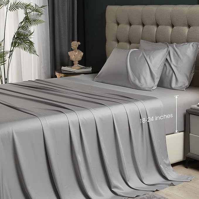 Deep Pocket Queen Sheets,Rayon Derived from Bamboo, Grey Bed Sheets Fits 18"-24"