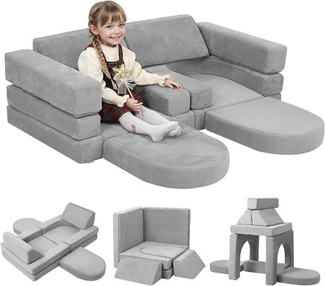 Toddler Couch, 10-Piece Modular Play Sofa for Playroom, Fold Out Kids Couch for Girl Boy