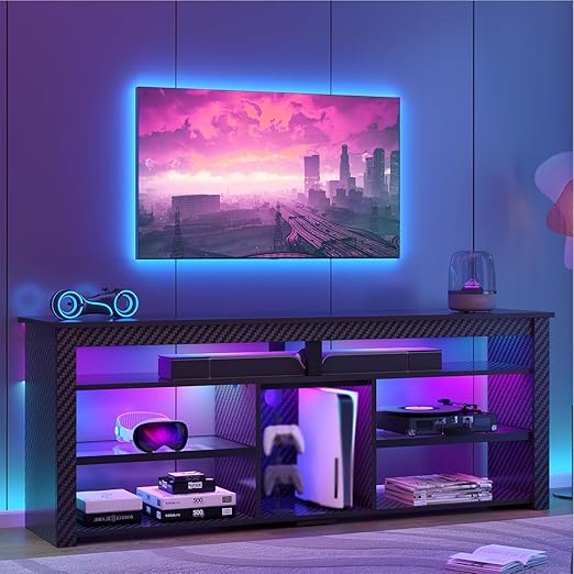 70 Inch TV Stand with LED Lights - Modern Entertainment Center with Storage