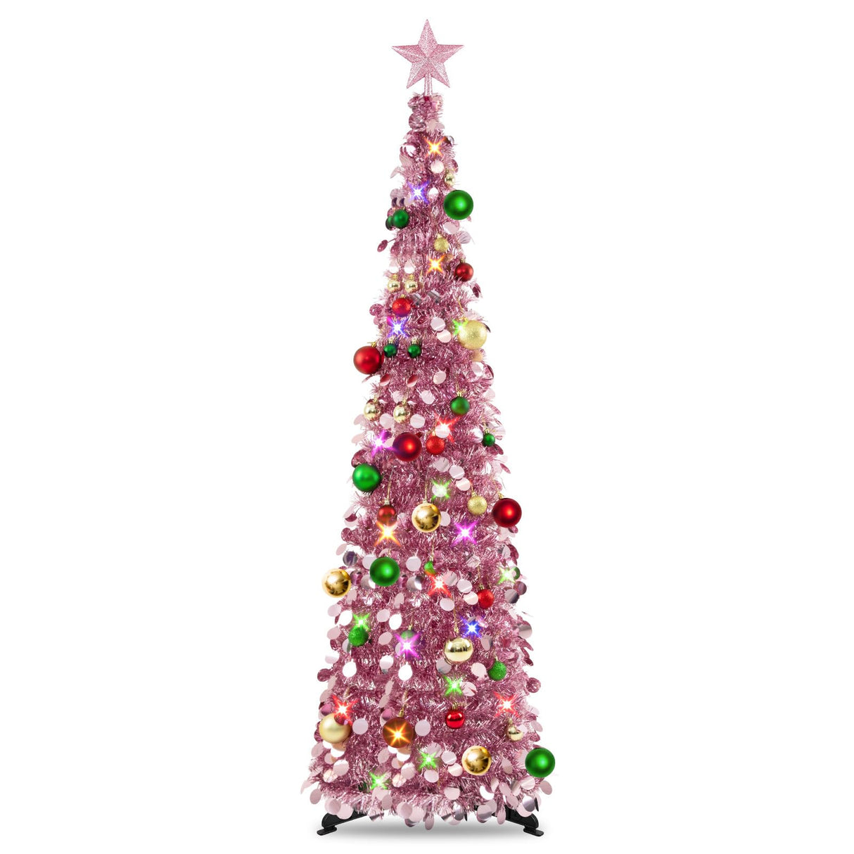Pop Up Christmas Tree with Lights & 30 Balls, 5Ft Collapsible Rose Gold Tinsel Christmas