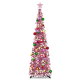 Pop Up Christmas Tree with Lights & 30 Balls, 5Ft Collapsible Rose Gold Tinsel Christmas