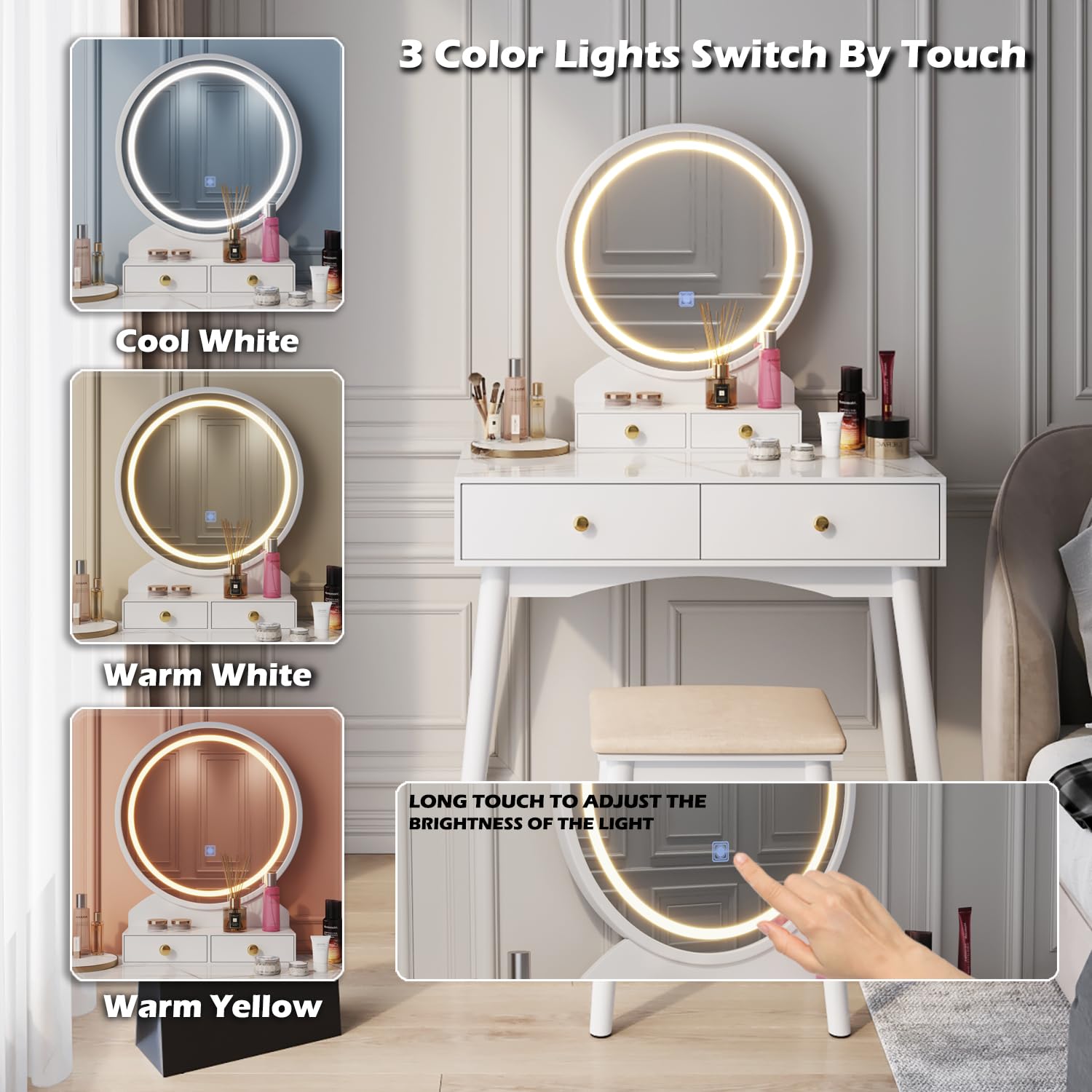 Vanity Desk with Round Mirror and Lights, Vanity Table Makeup Desk 4 Storage Drawers 3 Adjustable Colors LED Lights Matched Soft Cushioned Stool for Girls Bedroom (White) …