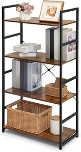 4-Tier Bookshelf, Industrial Bookcase w/Metal Frame Open Back Storage Display Shelves for Living Room Study Room, Rustic Brown
