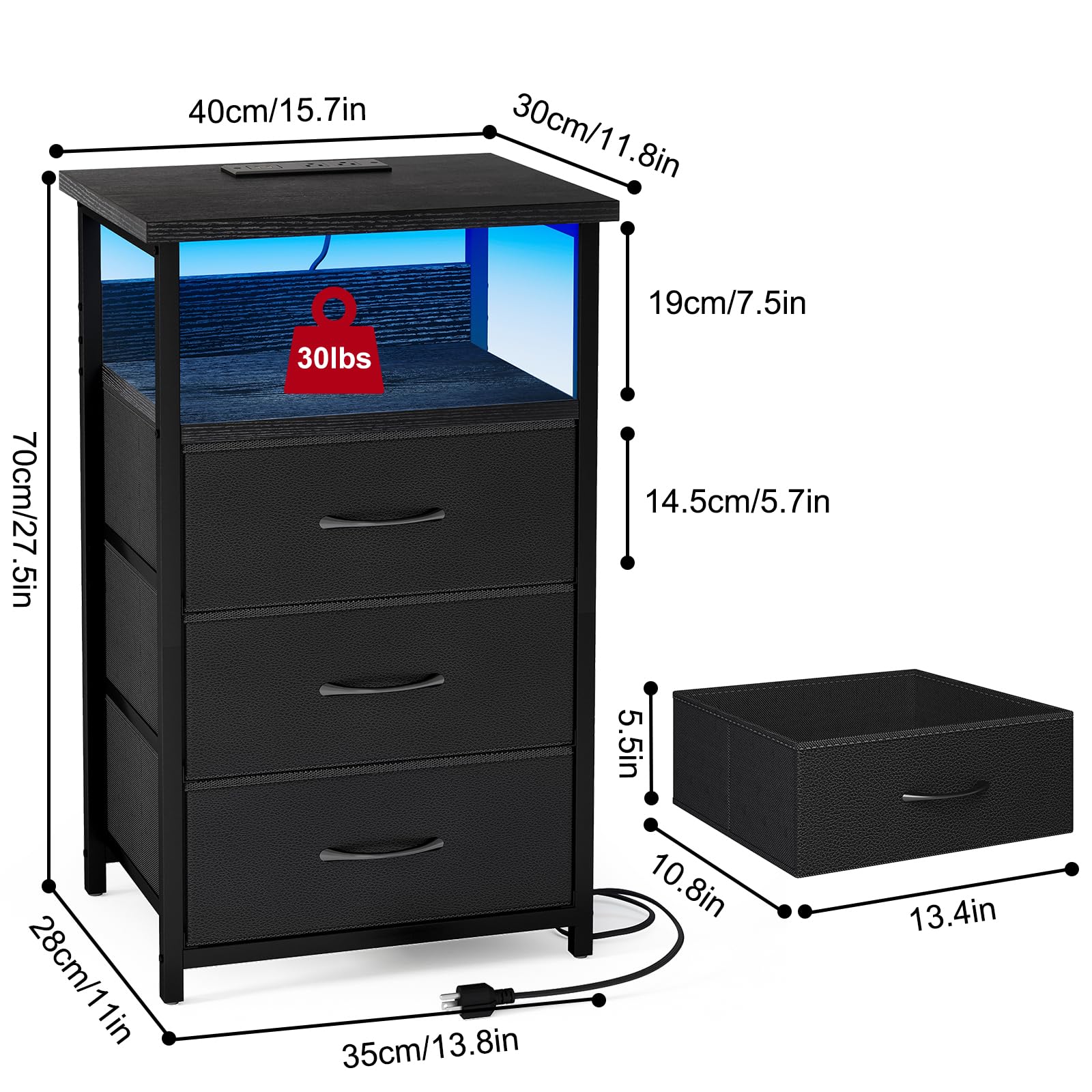 Night Stand with Charging Station, LED Nightstand with USB Ports and Outlets
