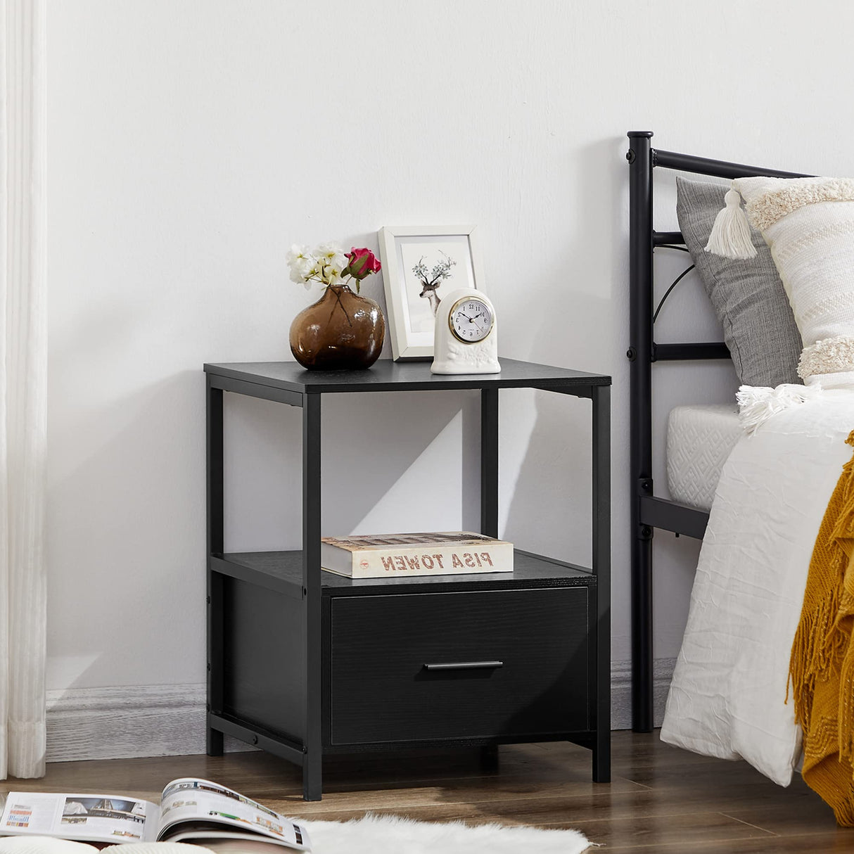 Nightstand Set of 2, Modern Square End Side Table, Night Stands with Drawer and Storage